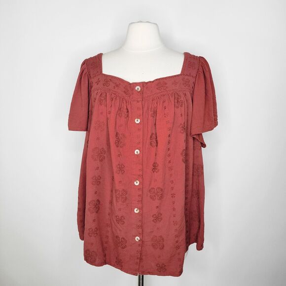 torrid Tops - TORRID Red Brown Square Neck Top Size 3X Embroidered Boho Flutter Sleeve Peasant